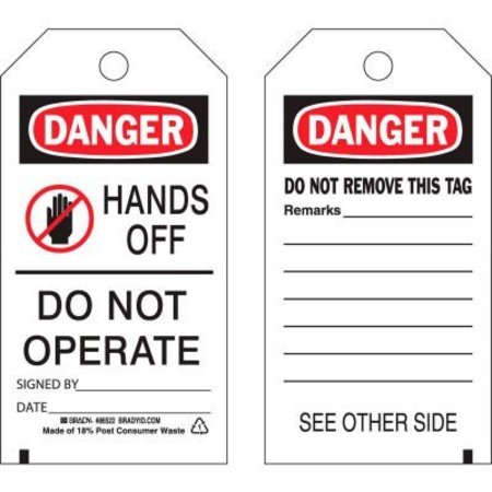 BRADY Brady Danger Hands Off Do Not Operate tag, 2 sided, 10/Pkg, Polyester, 3inW x 5-3/4inH 86522